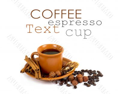 Cup of coffee with ingredients on a white background