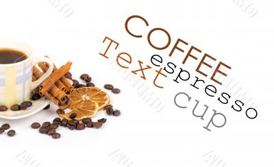 Cup of coffee with ingredients on a white background