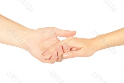 Shaking hands of two people, man and woman, isolated on white.