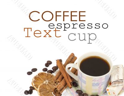 Coffee cup and grain on white background
