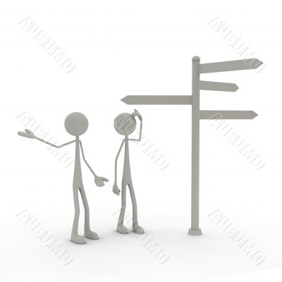 two figures stand in front of a direction sign