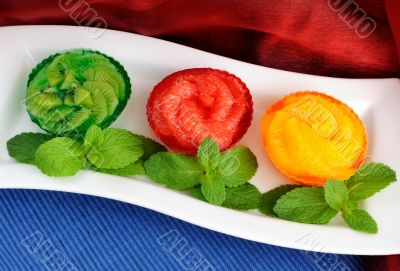 Jelly dessert of fresh fruit oranges grapefruit kiwi