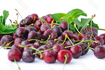 cherries in water drops closeup