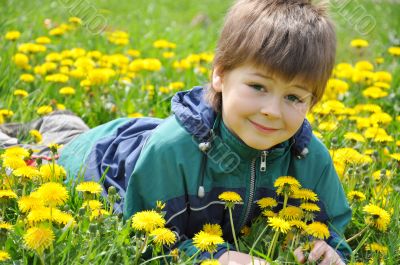 The boy lies in the dandelions