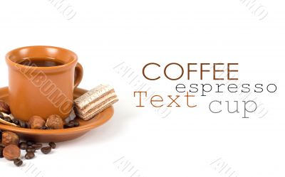 Cup of coffee with ingredients on a white background