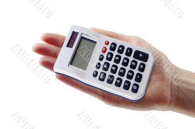 calculator with hand isolated on white