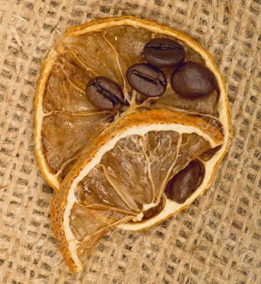 lemons and coffee beans on burlap