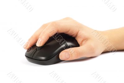 computer mouse with hand over white