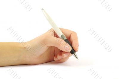 Closeup of a hand writing, on isolated on white background.