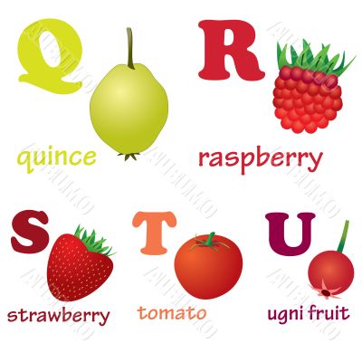 Alphabet letters Q-U with fruits.