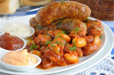 Home sausages with beans
