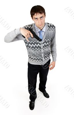 man with a gun in a gray jersey