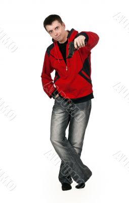 young thug in a red sweater with a gun