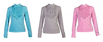 A collage made up of three colored ladies blouse