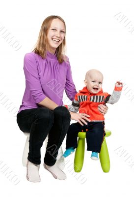 Mother and son in a chair in the studio