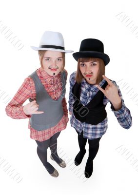 Two girls with painted mustaches