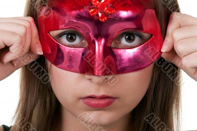 girl in the red masquerade mask