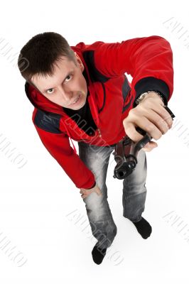 young thug in a red sweater with a gun