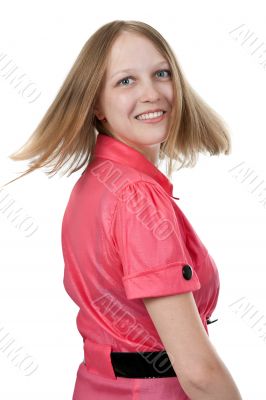 girl in red dress turned back with a smile