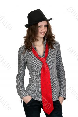 girl in a hat and a red tie