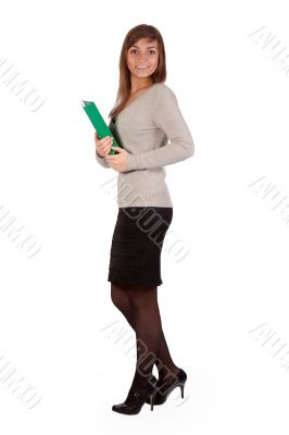 business girl with a green office folder