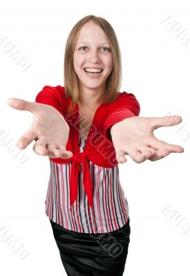beautiful smiling girl in a bright red blouse