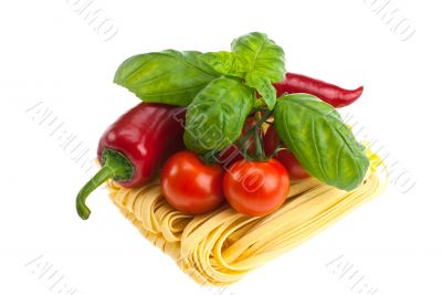 Pasta, peppers, tomatoes.