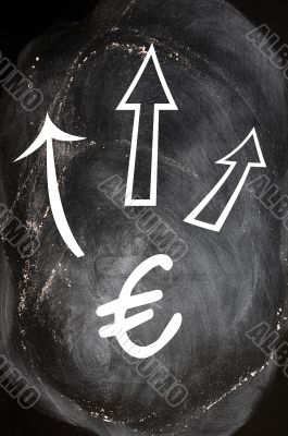 Euro symbol with up arrows on blackboard