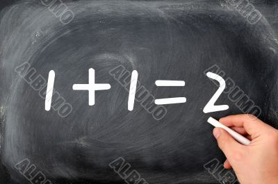 Blackboard background with a hand holding chalk 