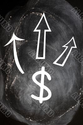 US Dollar symbol with up arrows on blackboard