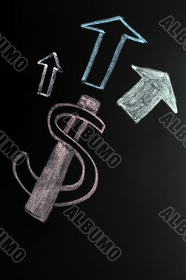 US Dollar symbol with up arrows written on a blackboard