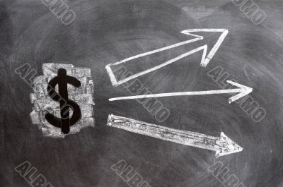 US Dollar symbol with up arrows written on blackboard