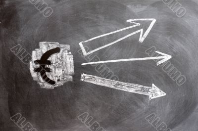 Euro symbol with up arrows written on blackboard