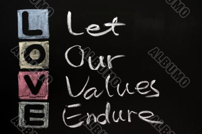 LOVE acronym, on a blackboard with words written in chalk
