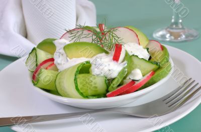 Cucumber salad with radish and avocado cream sauce