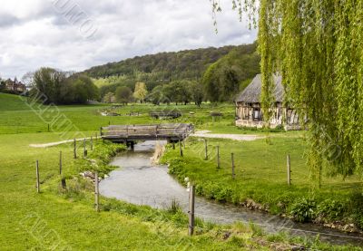 Scenic view on  of the french spring countryside with rever and 