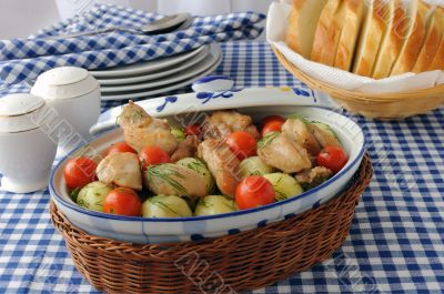 Baked potatoes with chicken and tomato
