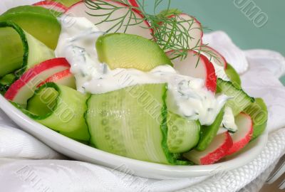 Cucumber salad with radish and avocado cream sauce