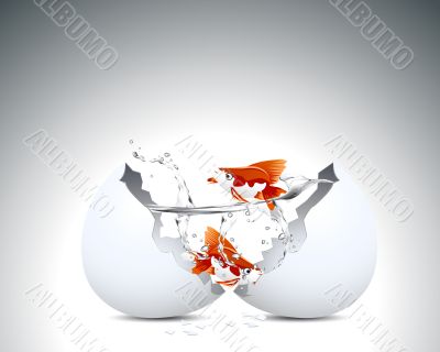 Two golden fish into egg shell