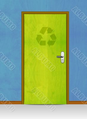 wooden door with recycle sign