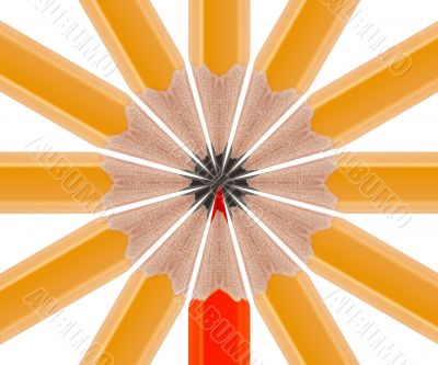 red Sharpened pencil flipped in group of sharpened
