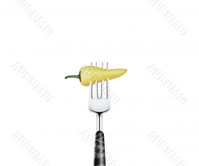 Pepper  pierced by fork,  isolated on white background 