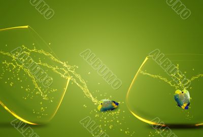 angelfish jumping out of  fishbowl