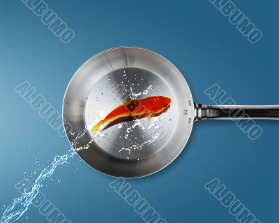 Golden fish jumping to frying pan