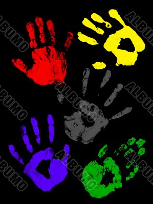 Colorful handprints on a black background