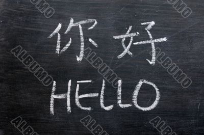 Hello - word written on a smudged blackboard