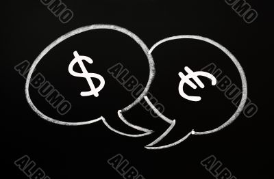 Two speech bubbles for Dollar and Euro dialogue on a blackboard