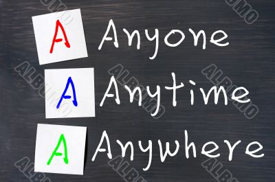 Acronym of AAA for anyone, anytime and anywhere