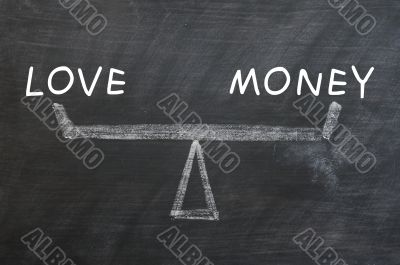 Balance of love and money drawn with chalk on a blackboard