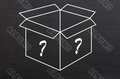 Open box with question marks drawn on smudged blackboard